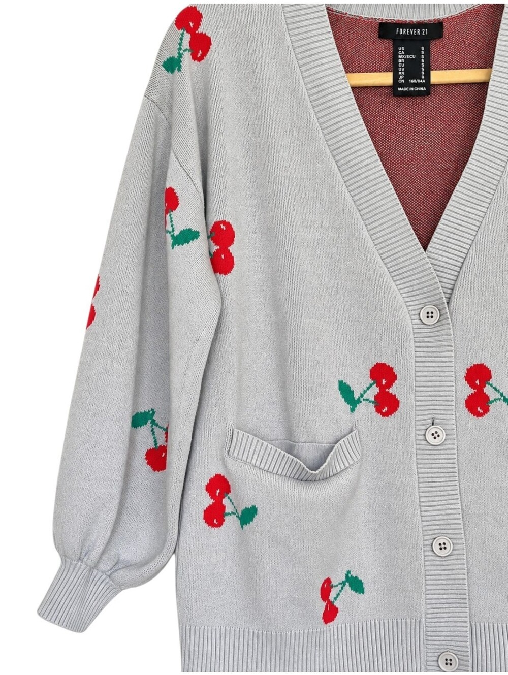 Cherry Print Cardigan Sweater Gray Red Coquette Y2K S Twee Fruitcore Retro Indie - Picture 3 of 6